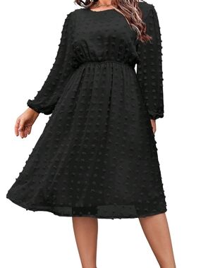 In'Voland Long Sheer Sleeve Swiss Dot Black Elastic Waist Dress 22W Lined